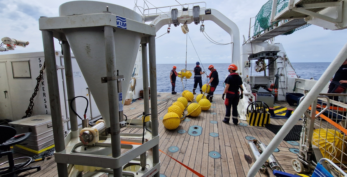 The sediment-trap mooring is re-deployed for another year of sampling.