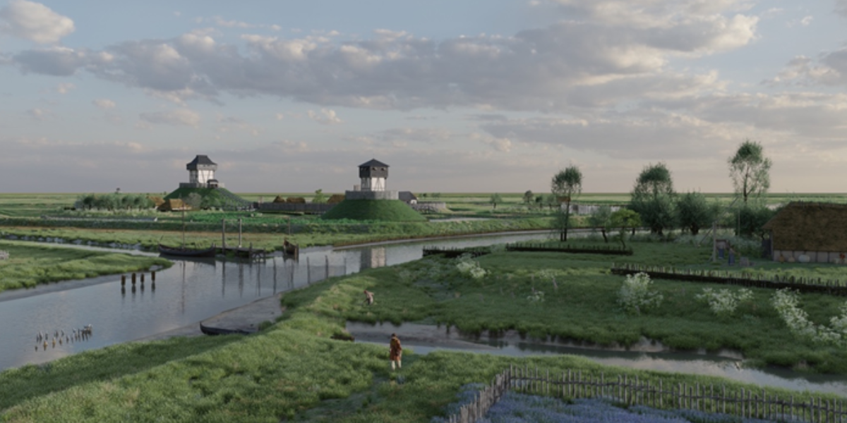 Zicht op de trotse Mottekastelen van Wemeldinge in 1150 AD. De motte aan de linker kant staat er nog steeds. Boeren deed men op het schor, achter kleine dijkjes.