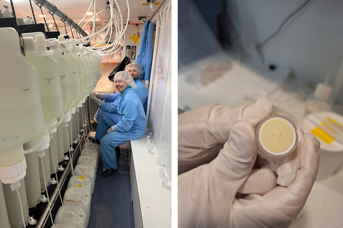 Rob and me working on the particulate filtrations. Photo: Marrit Jacob. After two hours, the surface filters are completely covered in phytoplankton. Photo: Florine Kooij