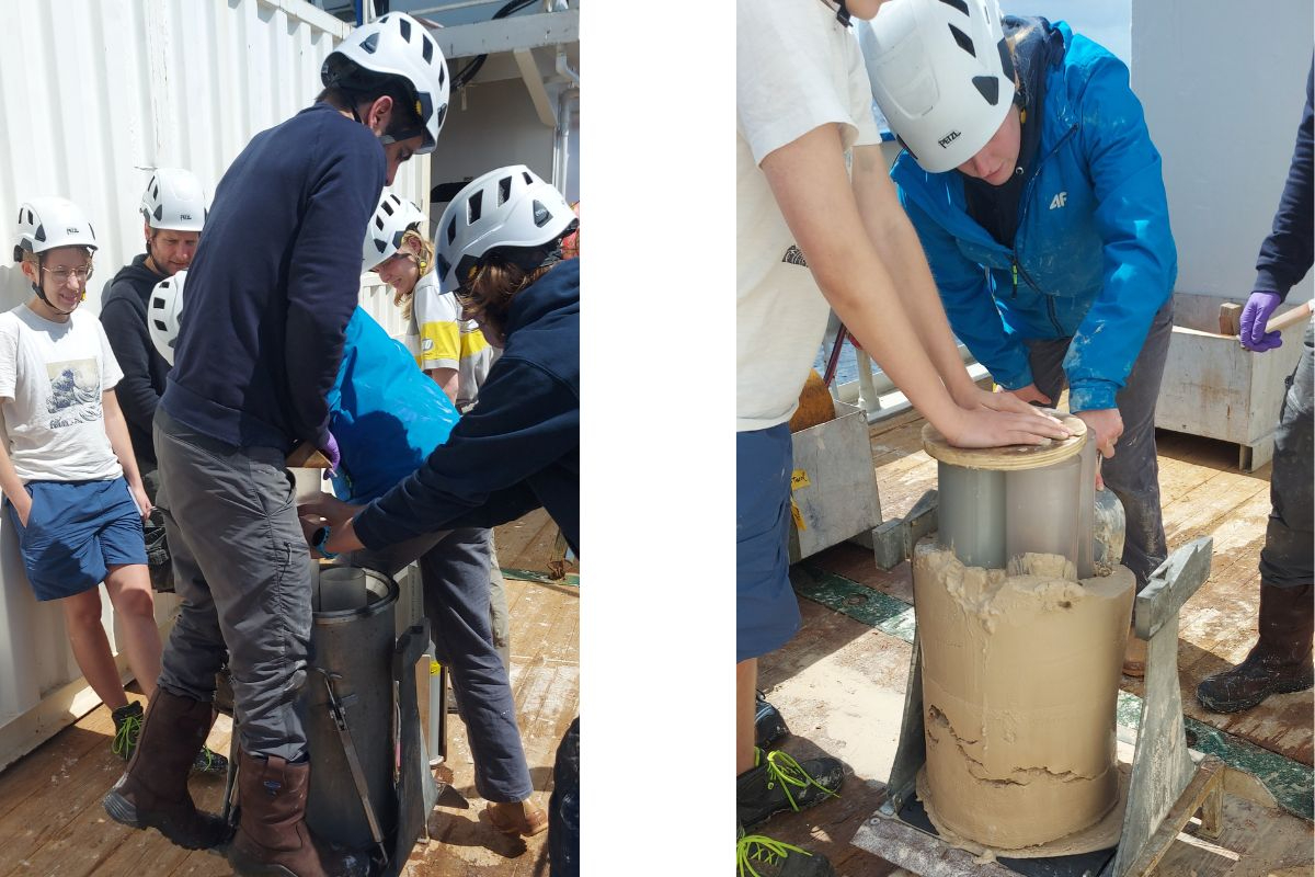 Left: A lot of scientific strength is necessary for manually inserting the core liners. Right: Once all cores are in, excess sediment.
