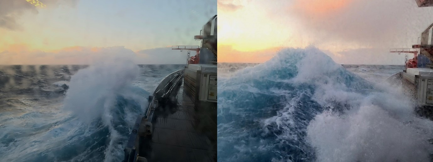 Waves reaching high above the working deck. Photo: Robin van Dijk