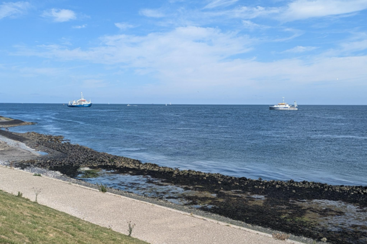 RV Pelagia leaving the NIOZ harbour on its way to the North Sea.(and meeting RV Wim Wolff))