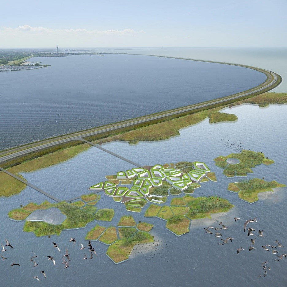 Woningbouweiland: een ecologische leefomgeving met duizend woningen in symbiose met de natuur op de Markerwadden (Ontwerp: Blue21)