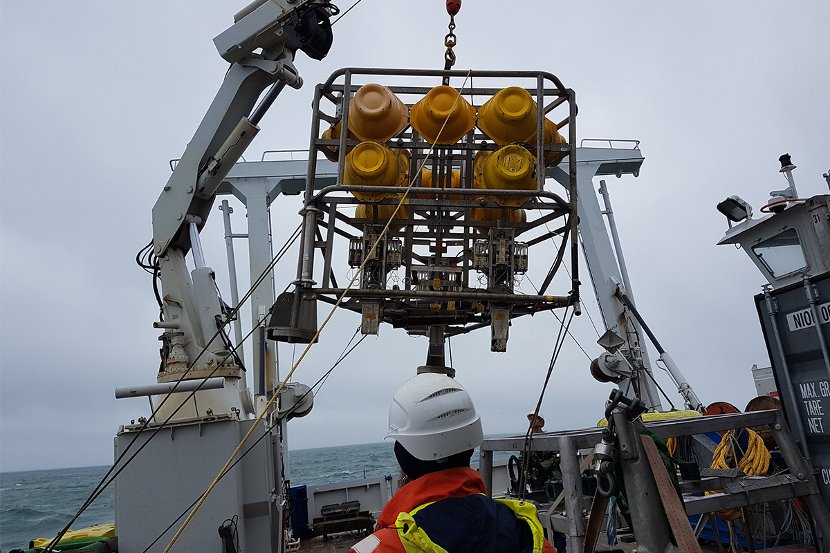 The first lander being hauled back on board after the storm, missing one of it's feet. (Image: Justin Tiano/NIOZ)
