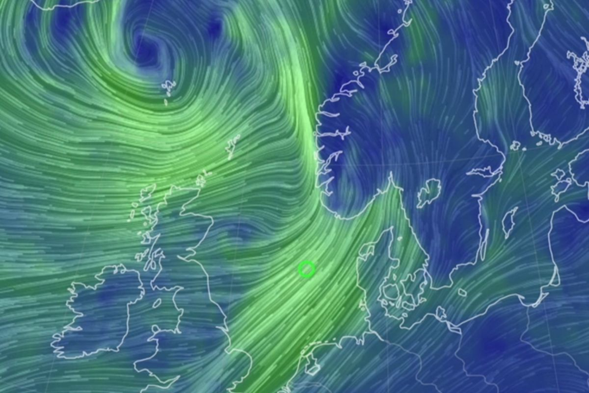 Predicted winds in northern Europe with the hurricane arriving from the northwest. Source: Earth Nullschool