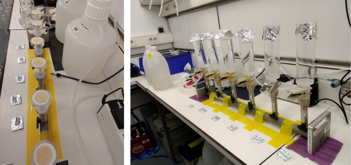 Left: Samples after filtration. Right: Filtration set-up.