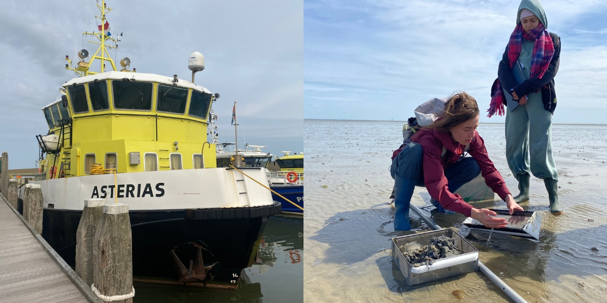 Left: The Asterias, the boat that brings us to Griend. Right: Emma explains the methods for shrimp sampling. (Photo: Nienke Zwaferink)