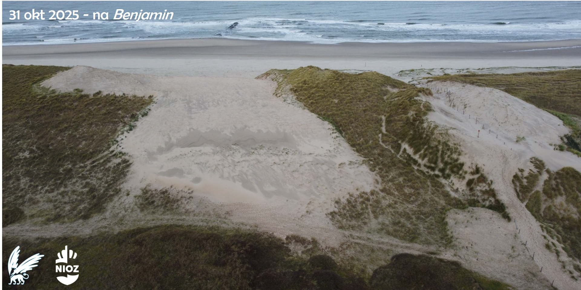 Drone foto van de kerf, kijkrichting naar het Westen, net na storm Benjamin..