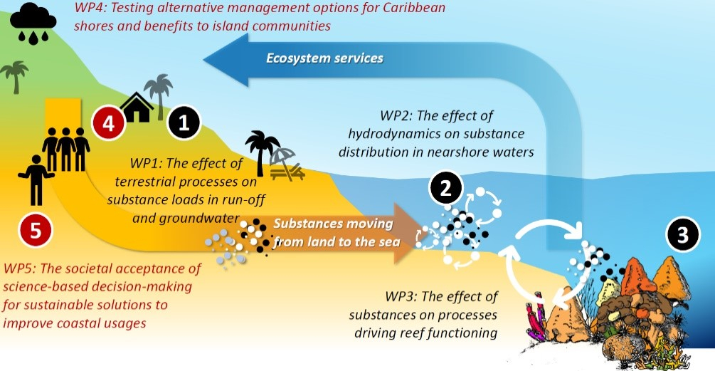 Measuring the impact from land and the ocean on the coral reefs (click for larger image). In the April 2022 expedition work is done mostly on work packages 2 and 3. Measuring the impact from land and the ocean on the coral reefs (click for larger image). In the April 2022 expedition work is done mostly on work packages 2 and 3.