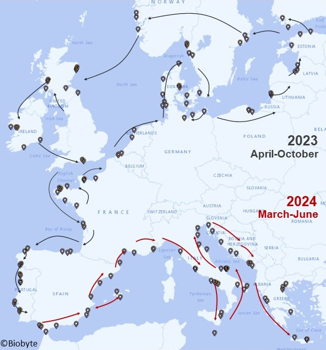 Geplande verloop van de TREC expeditie. Zichtbaar zijn de gebieden waar zee, kust en land bemonsterd worden.