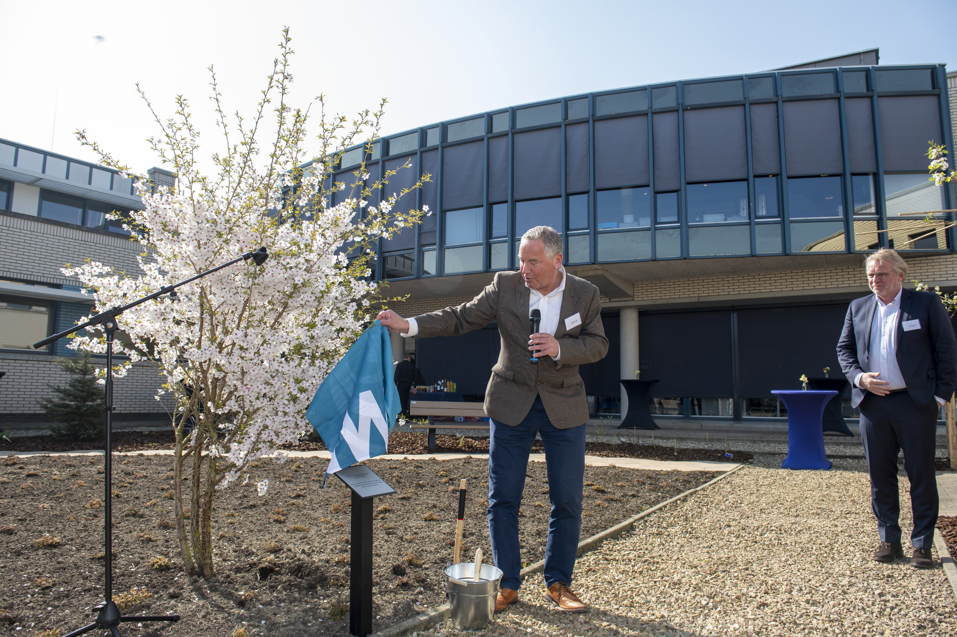 Marcel Levi, voorzitter van de raad van bestuur van NWO, plant symbolisch een boom in de binnentuin van het NIOZ in Yerseke.