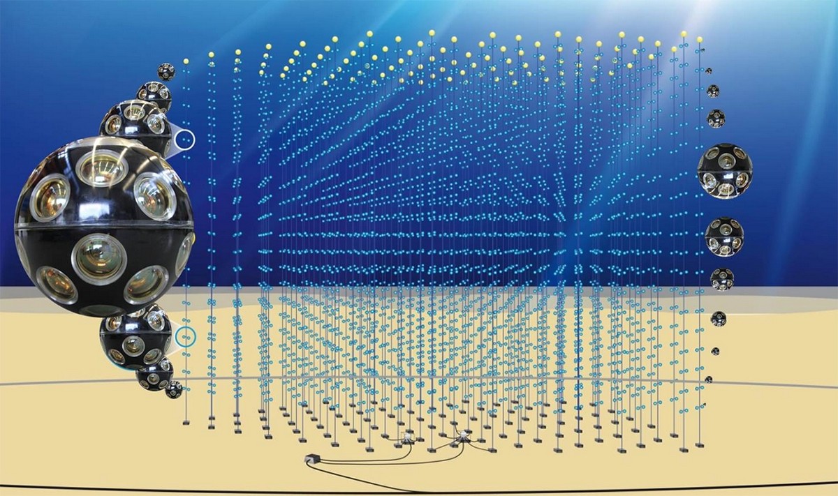 An artist impression of the KM3NeT neutrino telescope on the bottom of the Mediterranean Sea.