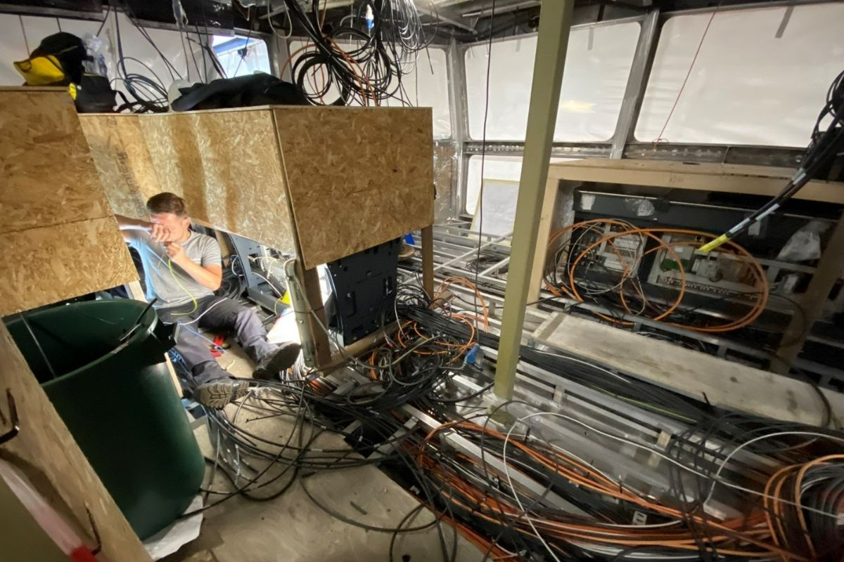 The messroom with the open overhead and bulkheads. The pass-through hatches from the galley to the messroom are also visible in the bulkhead.