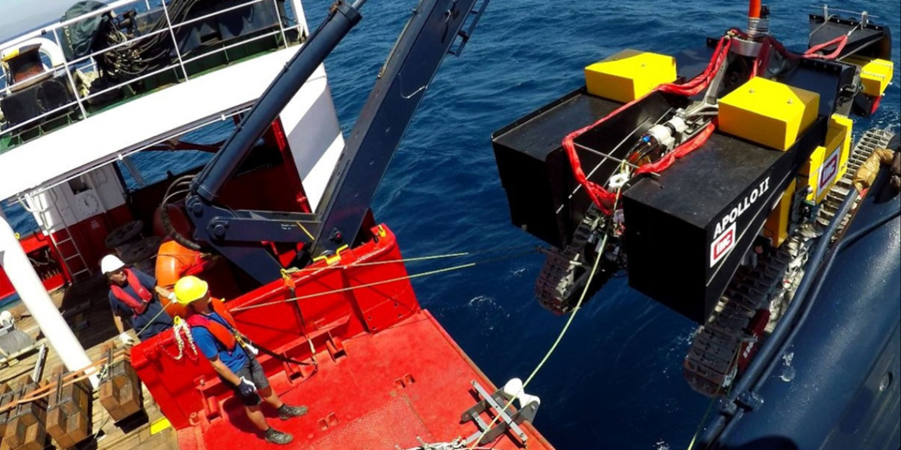 Mining crawler Apollo II deployed from RV Sarmiento de Gamboa during first field trial in 2018